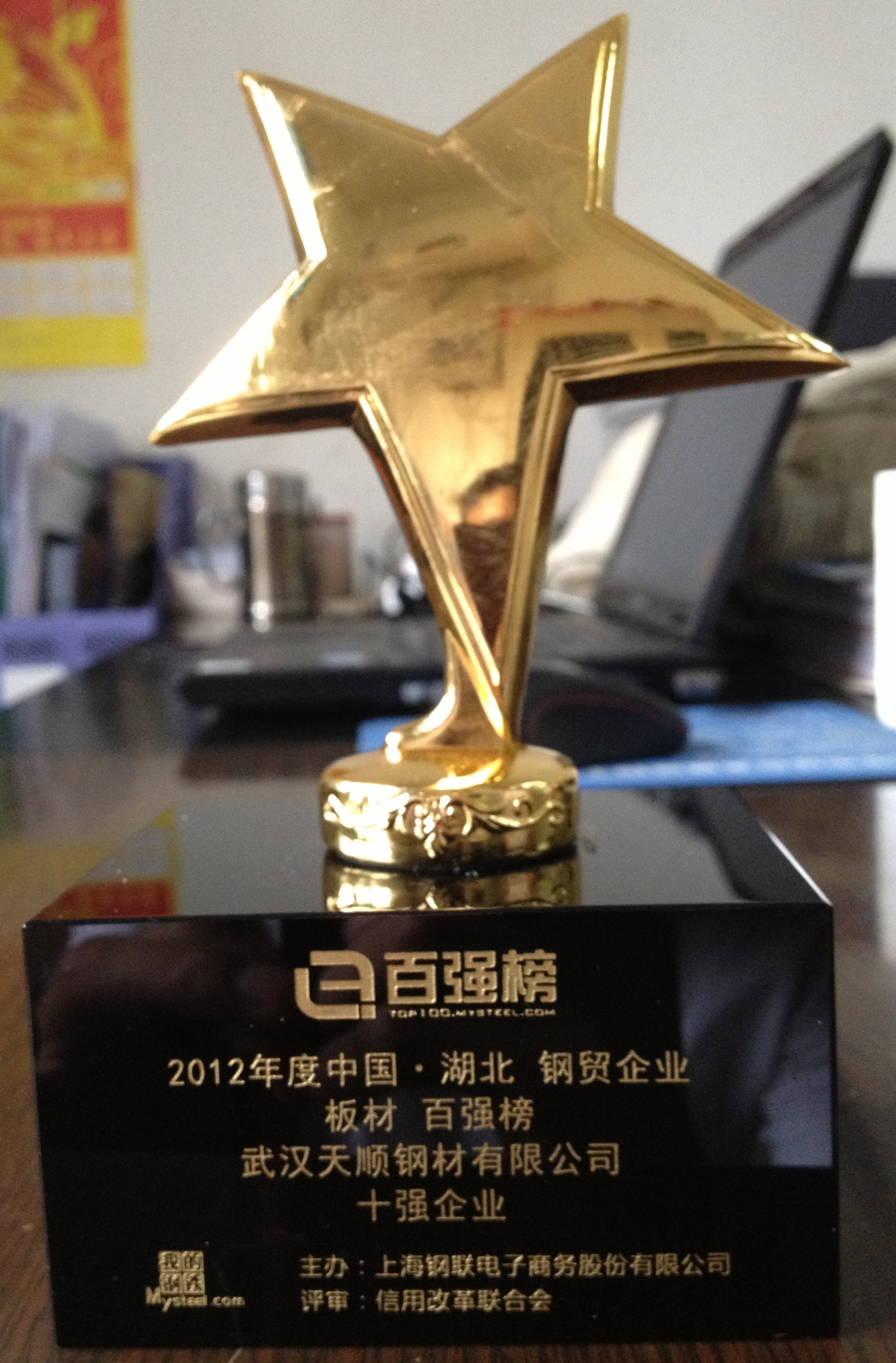 武汉天顺被我的钢铁网授予十强板材企业奖杯